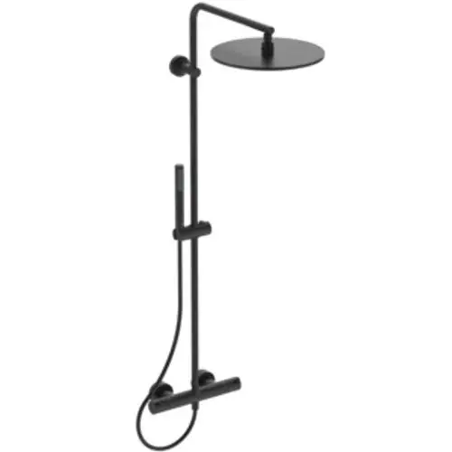 Duschsystem in Schwarz mit runder Kopfbrause und Handbrause, verstellbaren Griffen und Anschluss für Wasserleitung. Ideal Standard Produkt.